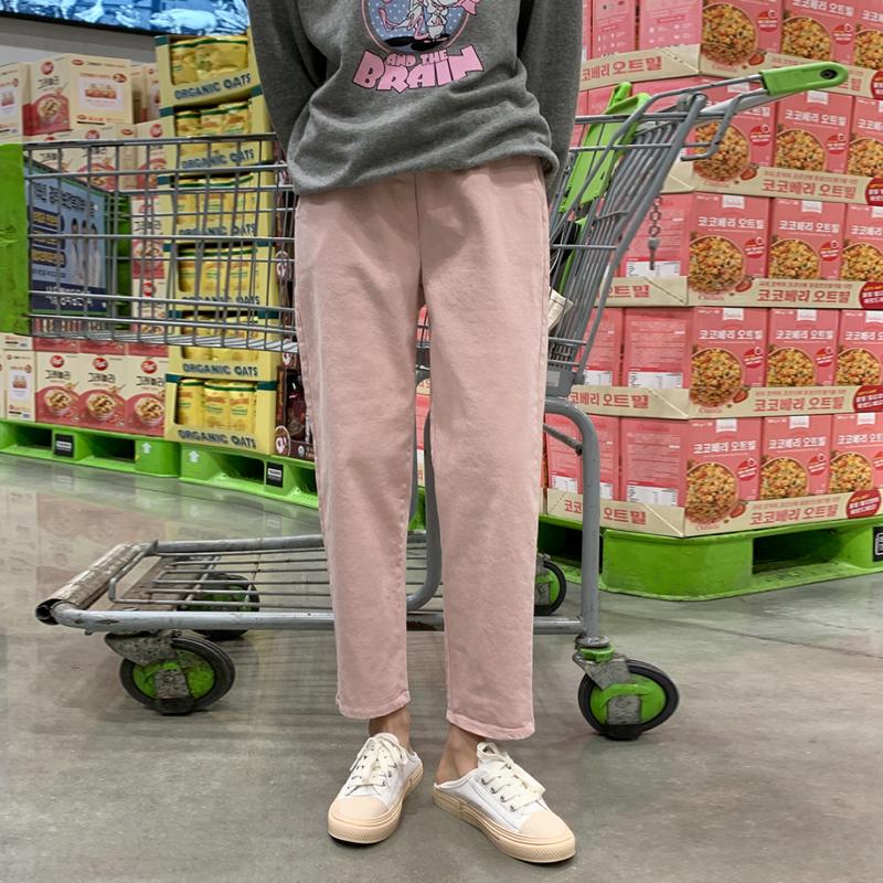 Pink Cotton Elastic Waist Straight-Leg Cropped Pants for Women, Spring New Style 2026, Korean Dongdaemun Loose Casual Pants