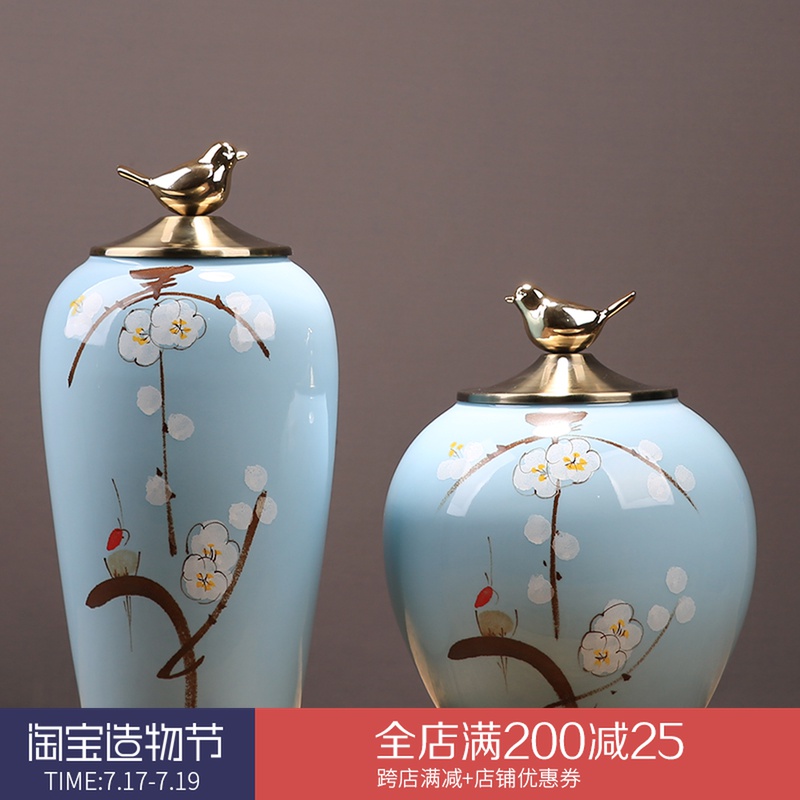 New Chinese golden bird Classical ceramic storage can decoration creative ornaments Plum bird print silver-plated vase