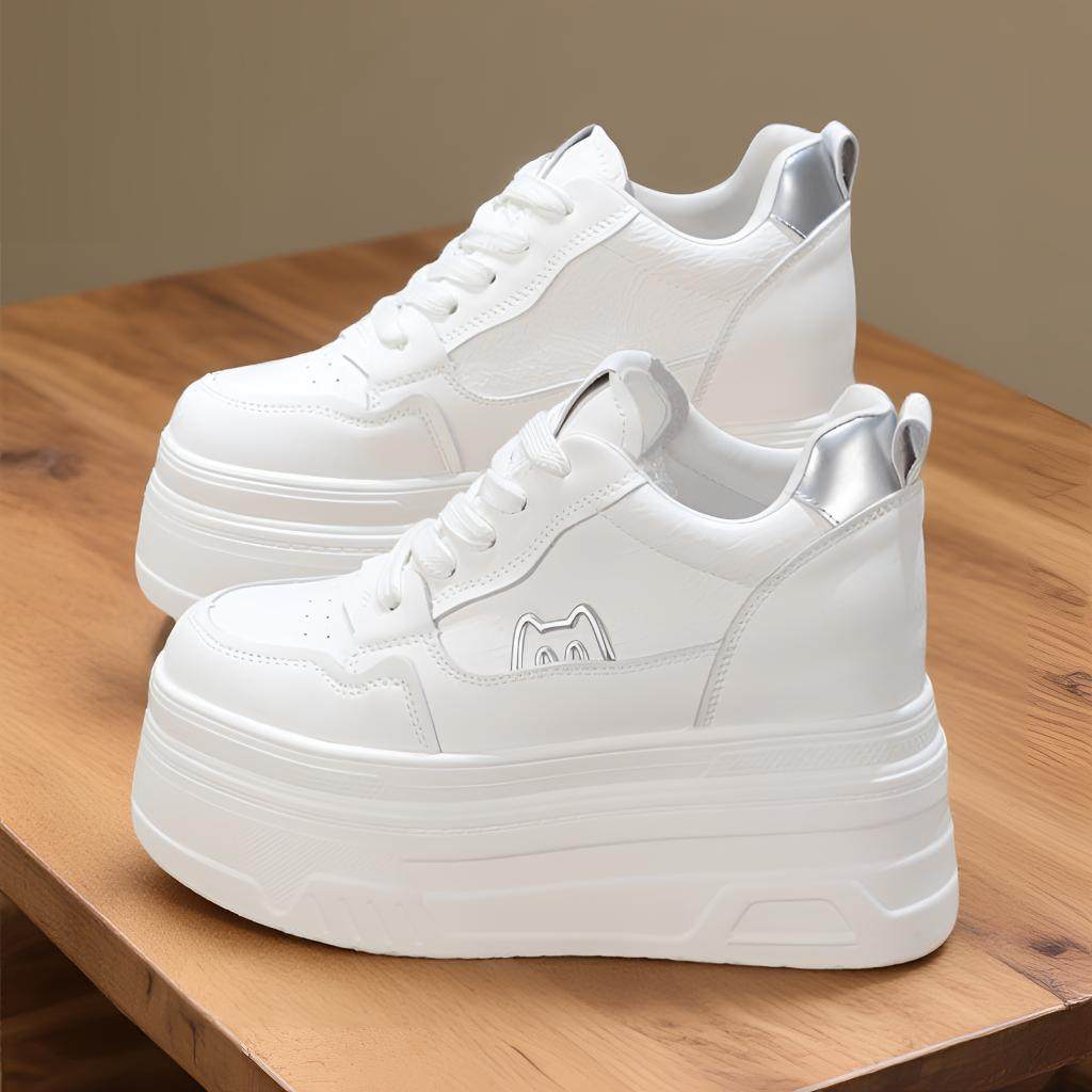 Genuine Leather Fleece-Lined 12cm Thick-Soled White Sneakers for Women 10cm Height-Increasing Cotton Shoes with Ultra-High 14cm Platform Casual Shoes