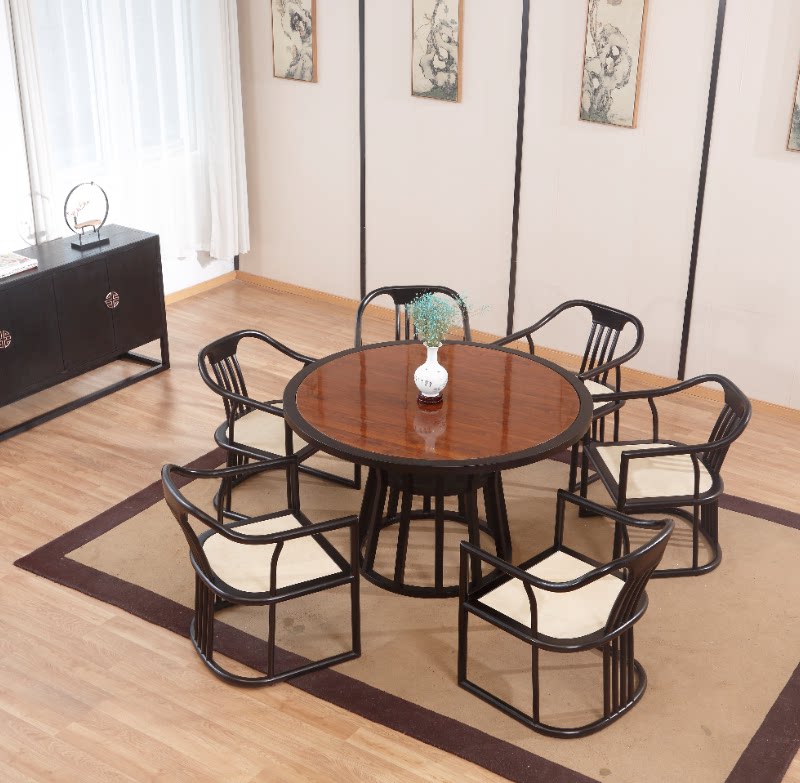 New Chinese dining table and chair combination Modern Chinese solid wood dining table and chair combination Simple round dining table dining room furniture