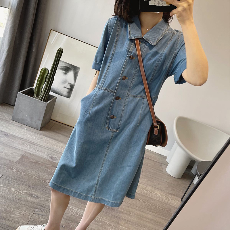 Summer French retro waist slimming lapel denim skirt female loose mid-length straight tube short-sleeved shirt dress