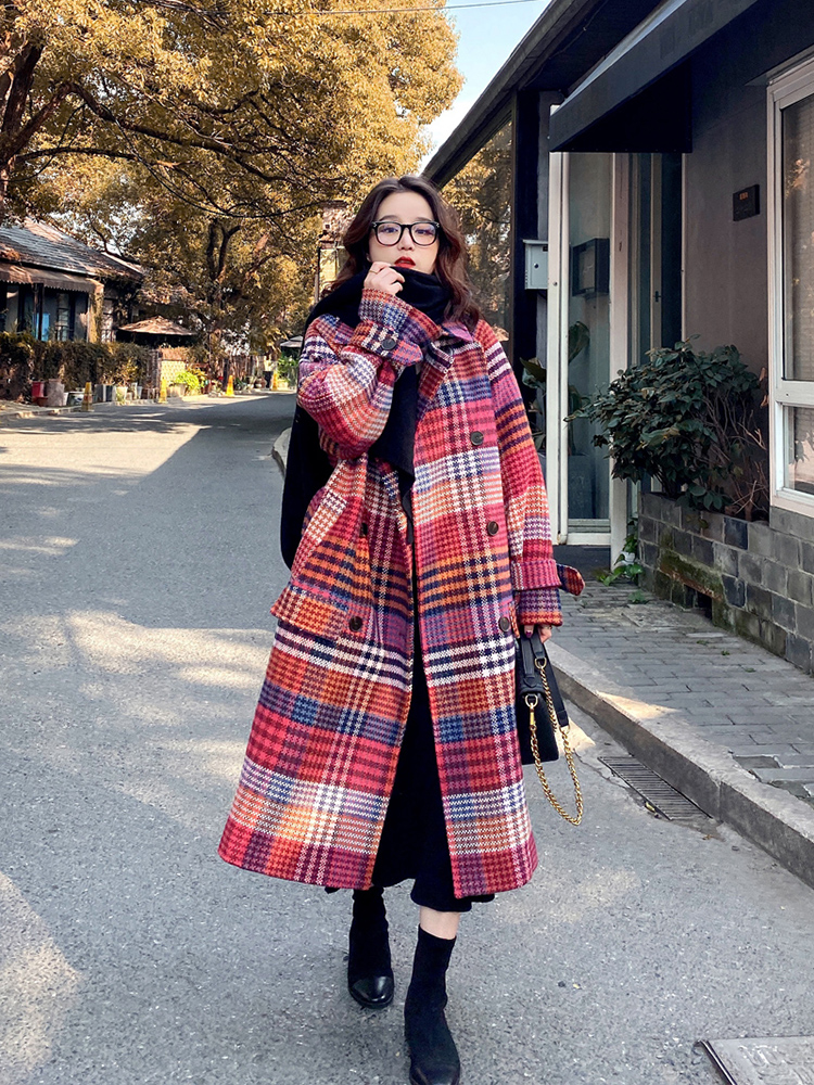 Lecea Alice woolen coat women's mid-length version 2022 winter new retro loose temperament plaid coat