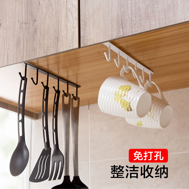 Hole-free kitchen overall cabinet clapboard rack under the hanging basket pot spatula spoon storage rack wardrobe coat hook rack