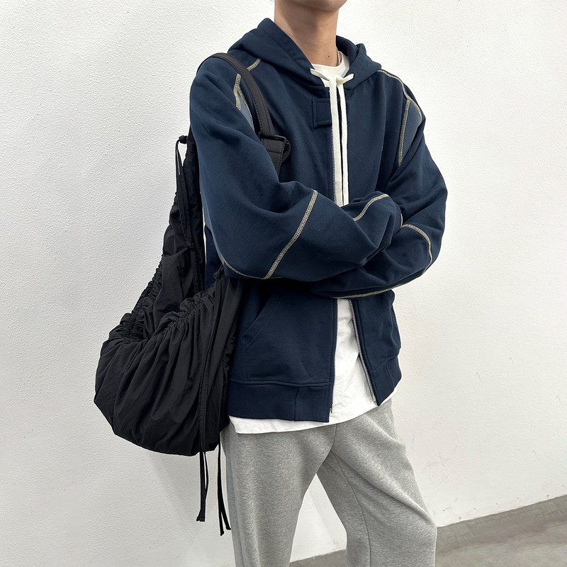 Roaringwild a Arch Roaring Beast Patchwork Color-Blocked Jacket Double Zipper Couple Hooded Sweatshirt for Men