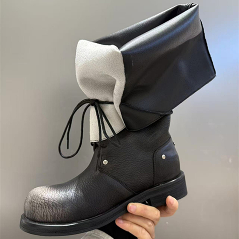 Niche Design Boots with Foldable Cuffs, Retro Lace-Up Martin Boots, 2026 Autumn and Winter New Style, Patchwork Large Calf Circumference Long Boots
