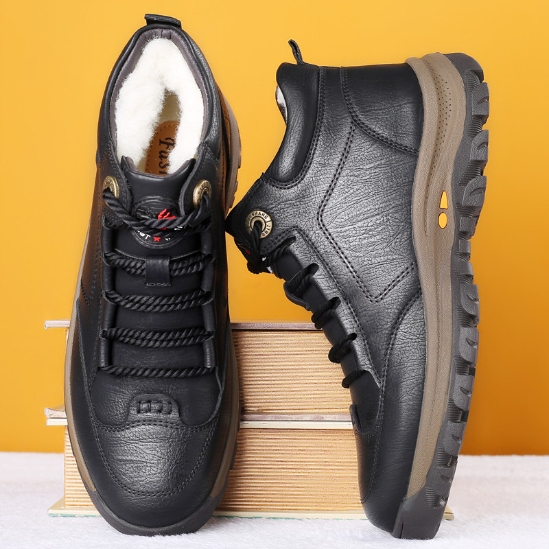 Cotton shoes men winter warm plus thicker men cotton leather shoes old leather wool high gang middle old daddy shoes