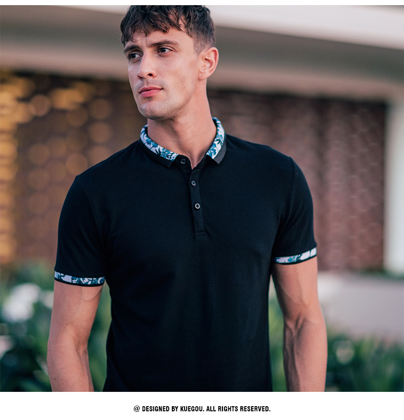 [] Kuegou new men áo ngắn tay nam nam Slim đơn giản màu tương phản ve áo nhỏ 1545 áo polo sói
