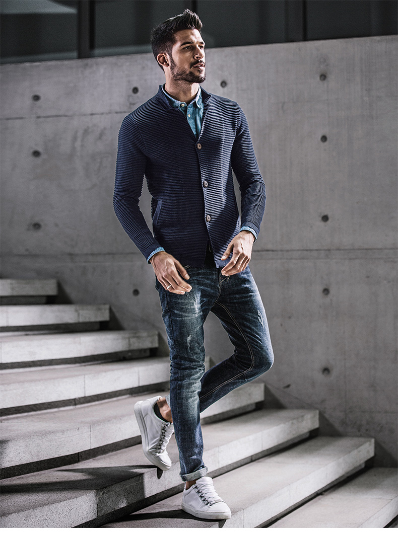 [Giải phóng mặt bằng] Nam Cardigan áo len nam ve áo Slim Knit áo sơ mi nam của Hàn Quốc áo khoác thủy triều 17022 đồ nam