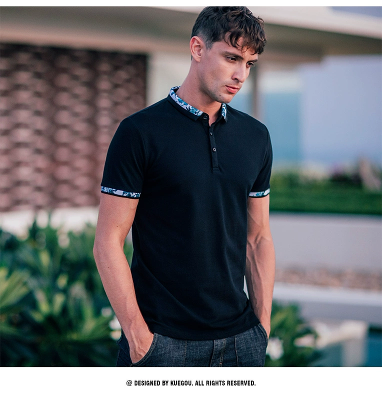 [] Kuegou new men áo ngắn tay nam nam Slim đơn giản màu tương phản ve áo nhỏ 1545