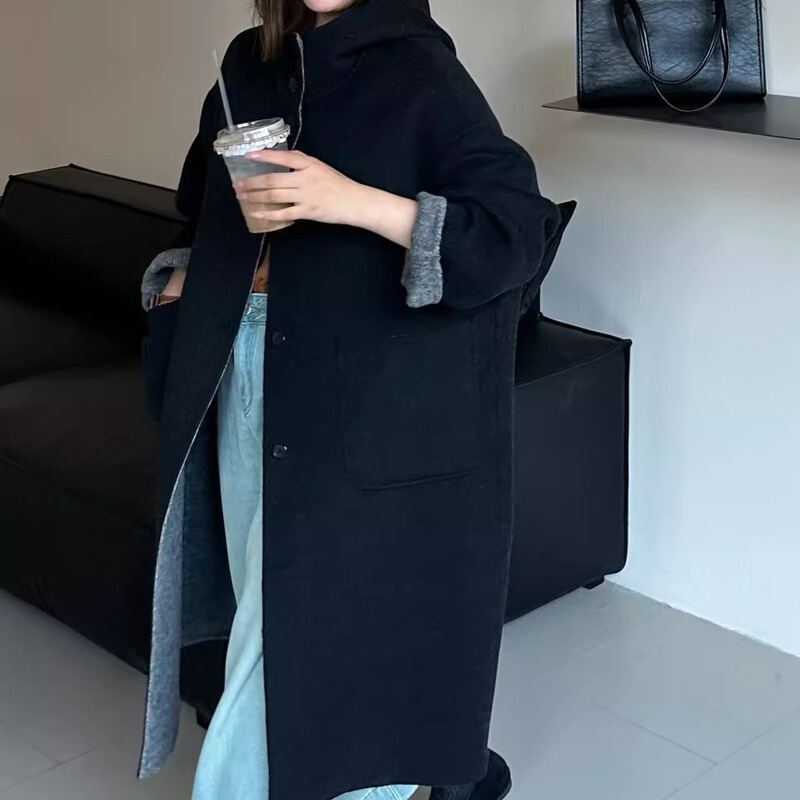 Korean Style Hooded Double-Sided Cashmere Coat for Women, Mid-Length, New Autumn and Winter Single-Breasted Wide Version Slimming Woolen Coat