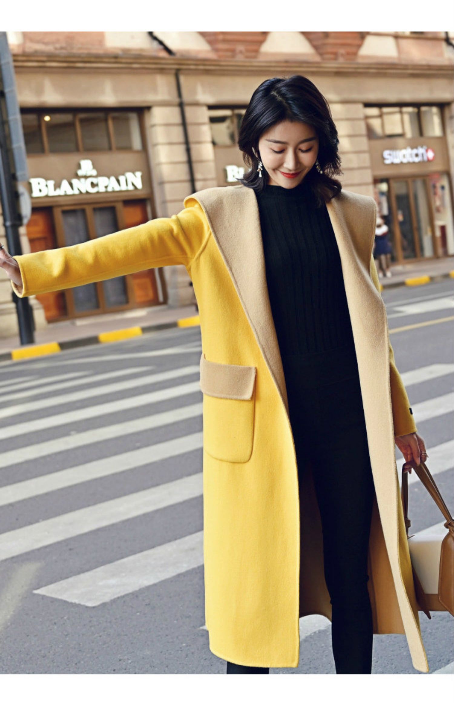 Mùa xuân 2019 và áo khoác cashmere hai mặt mới, áo khoác len len màu vàng trong chiếc mũ trùm đầu dài Slim Hepburn - Accentuated eo áo mẫu áo dạ đẹp