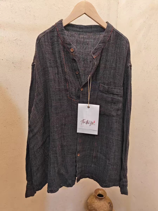 Yimu Lailan's New Spring/Summer Collection: Yarn-Dyed Linen Loose-Fitting Artistic Shirt with Hand-Embroidered Thread