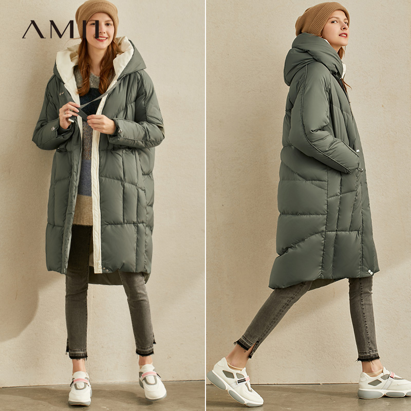 AMII Minimalist thời trang trắng vịt xuống áo khoác nữ 2019 Winter Cờ Straight Hood dây đeo strapped phù hợp với bánh mì dài