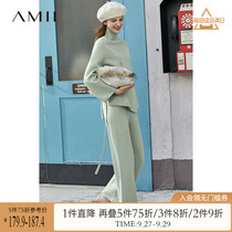 Amii Lazy Style Fashion Pants Two Piece Women Winter New Turtleneck Sweater Wide Leg ankle-length pants Casual Set