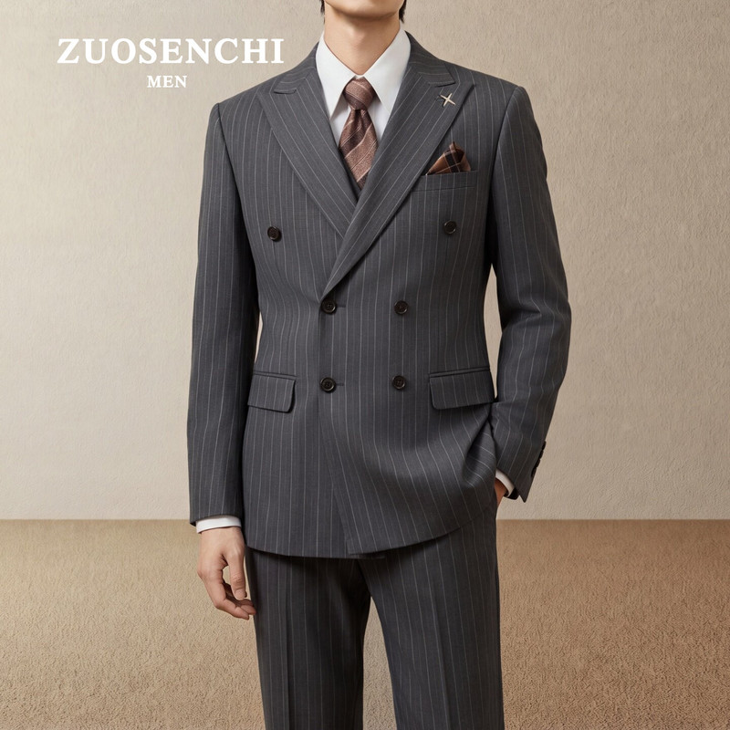 New British Gentleman Double-Breasted Striped Suit Men's Business Casual High-End Suit Set Plus Size Wedding Dress