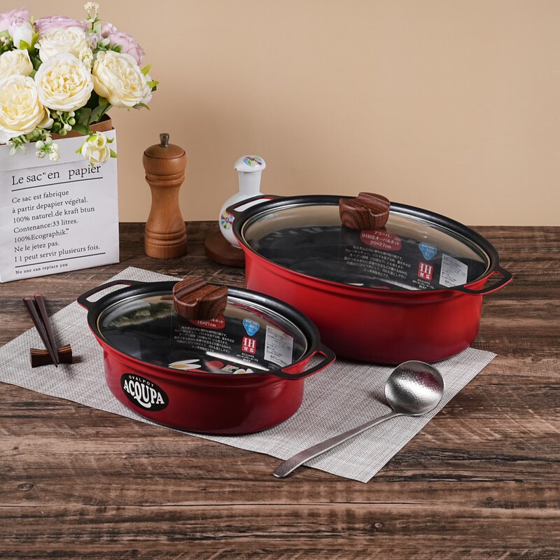 Japanese Peace Freiz Multifunctional Oval Fish Cooking and Soup Pot with Double Handles, Non-Stick Pot, Household Stew Pot, Red