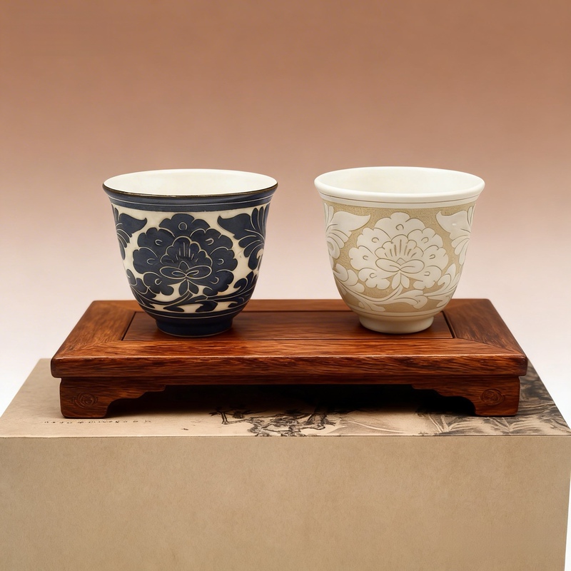 Wenchang Magnetic State Kiln Qianfeng Ceramic Black Qianluo White Engraved Flower Wrapped Branches Peony Bell Cup Pair Pack Pengcheng Handmade Wenchang Magnetic State Kiln Qianfeng Ceramic Black Qianluo White Engraved Flower Wrapped Branches Peony Bell Cup Pair Pack Pengcheng Handmade
