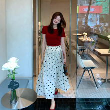 Echoone vintage dots polka dot umbrella skirt women's Hong Kong style retro tone half skirt large hem A-line long skirt