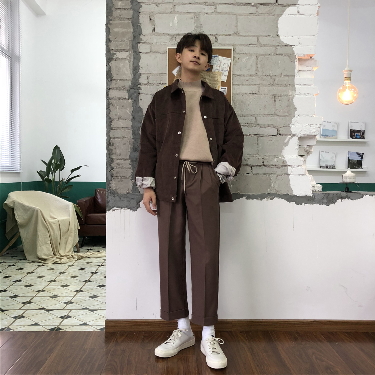 Xiaoming bene quần có dây rút Retro đơn giản màu rắn quần lỏng lẻo chín quần thẳng quần nam quần âu