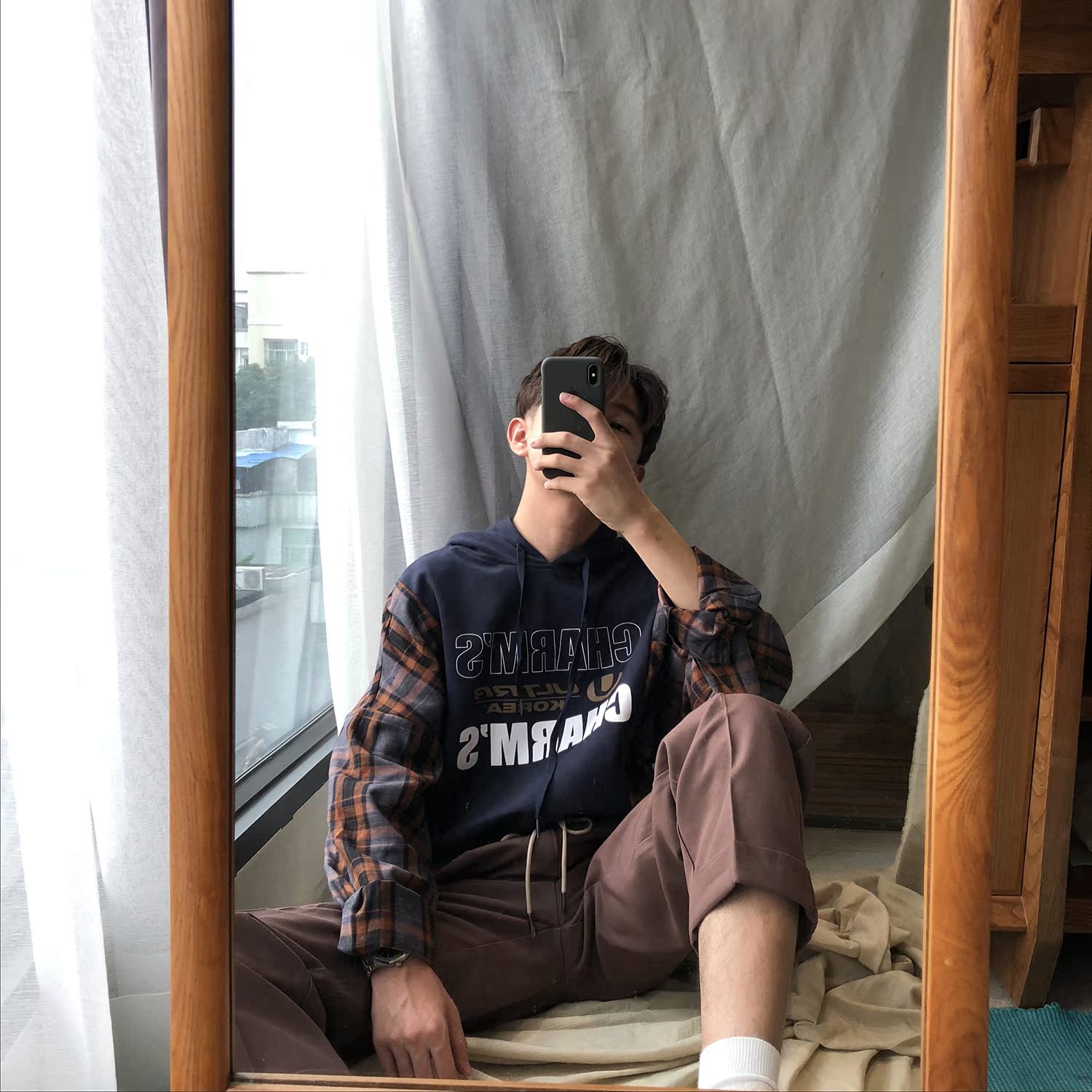 Xiao Ming Bene Kiểm soát áo len buộc vào phong cách retro chic Han in khâu áo len trùm đầu cho nam và nữ áo hoodie nỉ bông dày