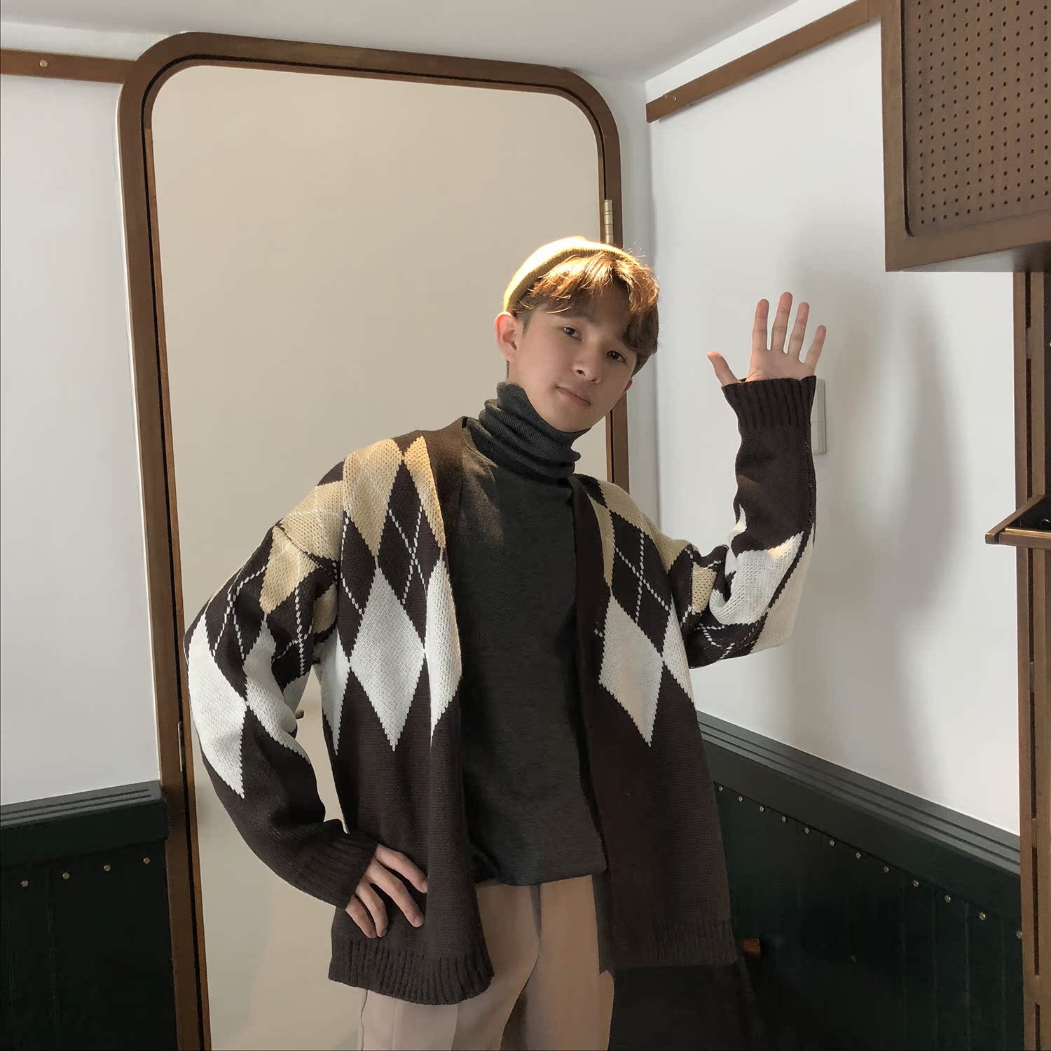 XMBENE thu đông mới sang trọng phong cách Hàn Quốc đơn giản lưới retro đơn giản Áo len gió nam áo len nam quần áo thể thao