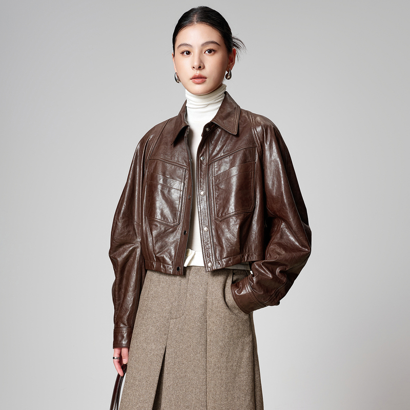 Imported Oil Wax Sheepskin Genuine Leather Short Jacket with a Loose Fit and a Turn-Down Collar, Motorcycle Jacket, 2026 Spring and Autumn New European Style