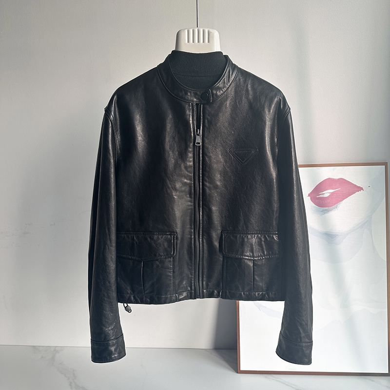 High-End Imported Oil Wax Goatskin Genuine Leather Jacket for Women, Short Stand-Up Collar Jacket, 2026 Spring New European Style