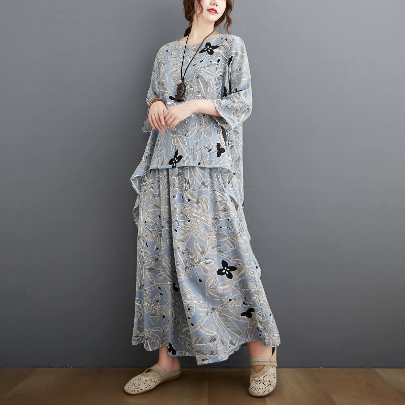 long skirt and top set DIMANAF Plus Size Two Piece Set Suit Women Clothing Vinatge Print Elegant Lady Tops Shirt Linen Loose Pants Female Suit Summer cute pj sets