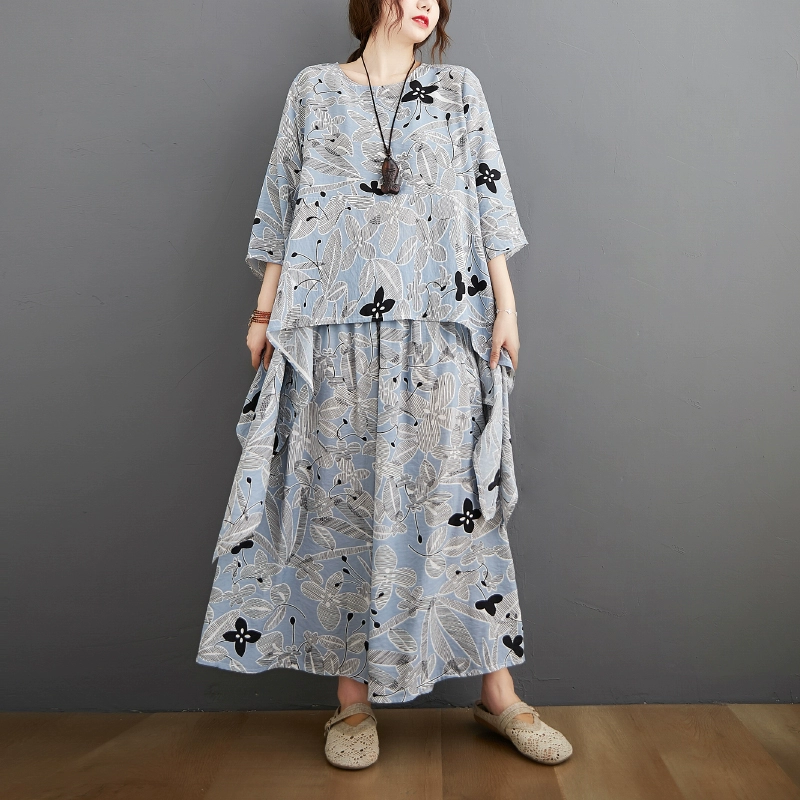 long skirt and top set DIMANAF Plus Size Two Piece Set Suit Women Clothing Vinatge Print Elegant Lady Tops Shirt Linen Loose Pants Female Suit Summer cute pj sets