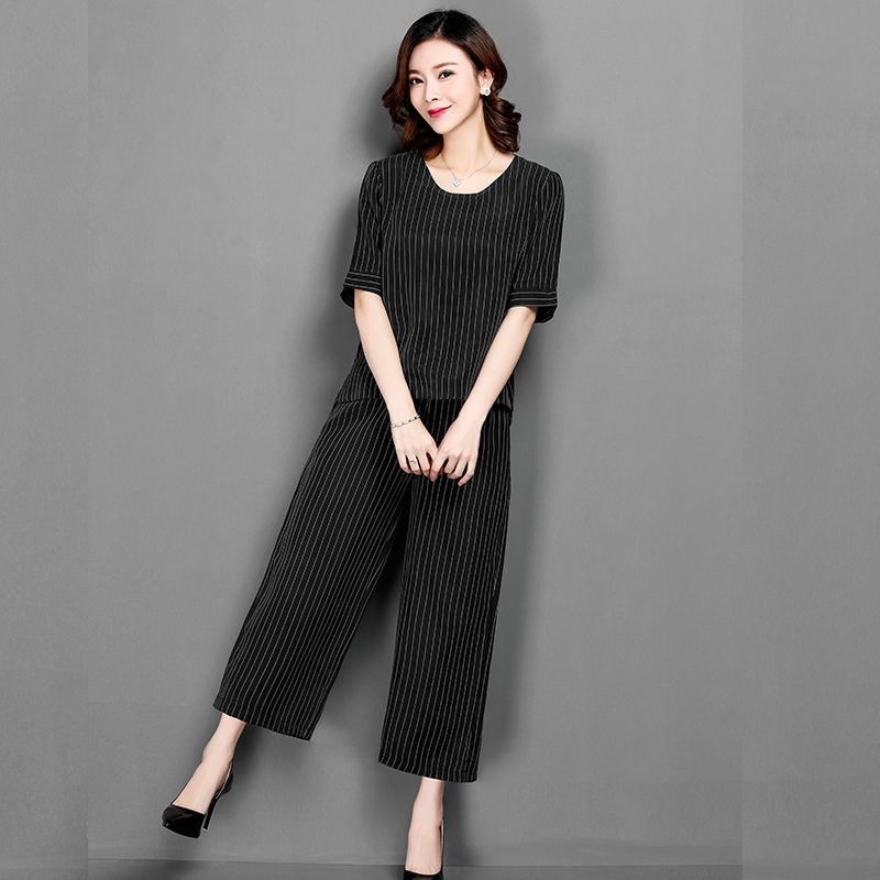 2018 mùa hè mới kích thước lớn nữ lụa nặng đồng ammonia lụa thời trang phù hợp với tính khí hai mảnh quần chân rộng áo thun dài tay nữ
