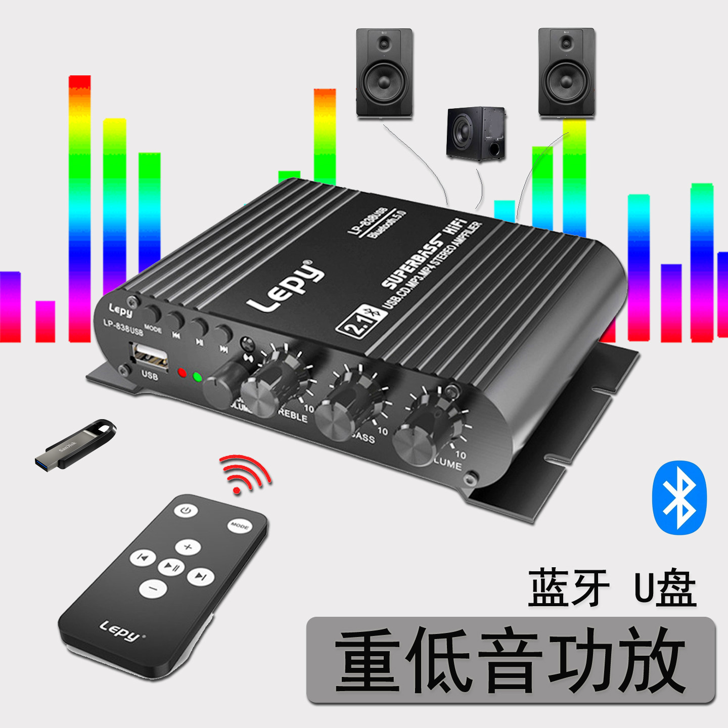 Bluetooth Small Power Amplifier Audio Power Amplifier 2.1 Channel with Subwoofer Speaker Modified Card U Disk