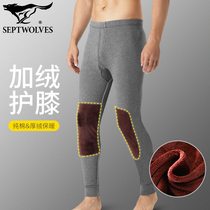 Seven Wolves Pure Cotton Autumn Pants Men With Kneecap Cover Warm Plus Suede Thickened Old Chill Leg Middle-aged full cotton wool trousers