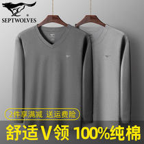 Seven wolves V collar autumn clothes mens single piece blouses bottom medium thick pure cotton sweatshirt with velvety warm lingerie chicken heart collar