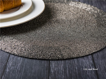Metallic grey handmade bead embroidered placemat