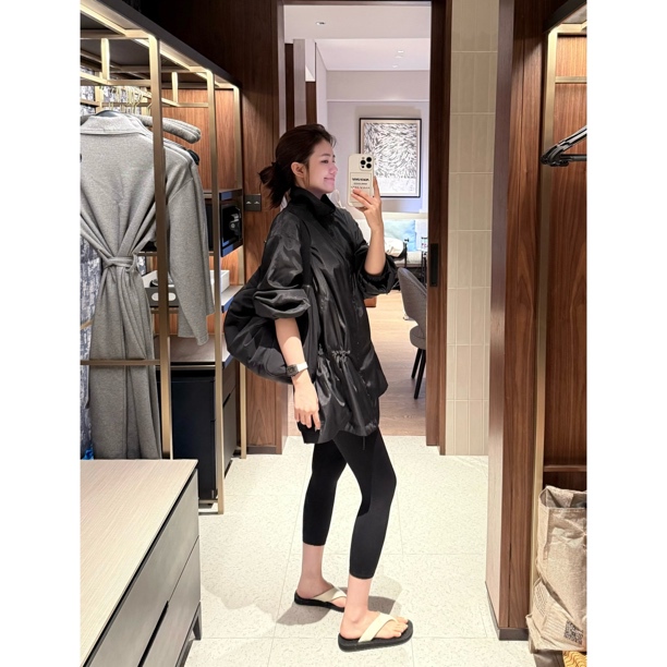 Peachzhou Mulberry Silk Glossy High-End Black Loose-Fitting Off-Shoulder Waist-Cinching Stand-Up Collar Mid-Length Trench Coat