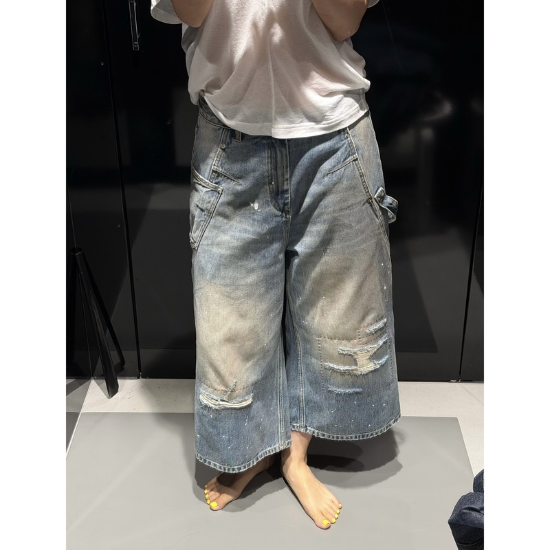 Peachzhou Heavy Industry'Red Line Cow' Splatter Paint Distressed Workwear Denim Cropped Pants Boyfriend Style Wide-Leg Pants Peachzhou Heavy Industry'Red Line Cow' Splatter Paint Distressed Workwear Denim Cropped Pants Boyfriend Style Wide-Leg Pants