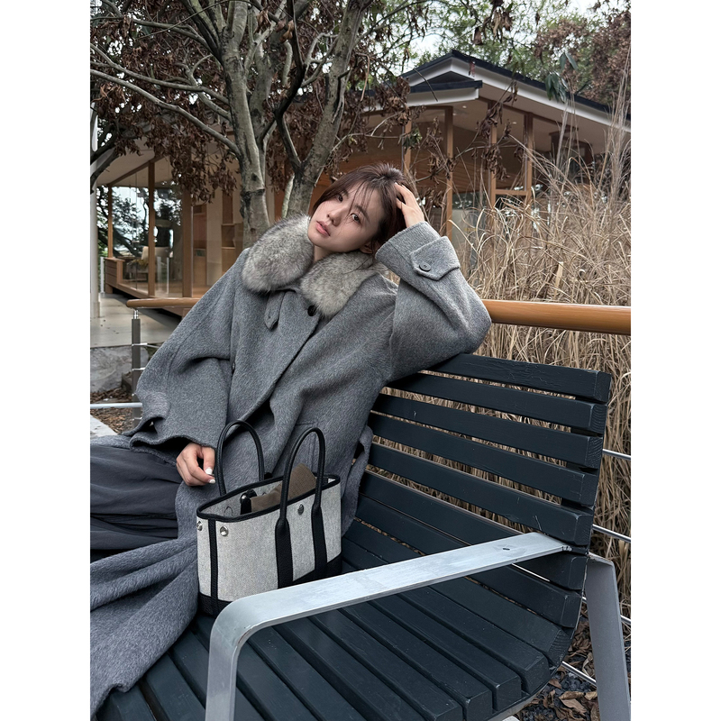 Peachzhou Wool Double-Sided Fabric Detachable Raccoon Fur Collar Double-Breasted High-End Long Coat for Women Winter
