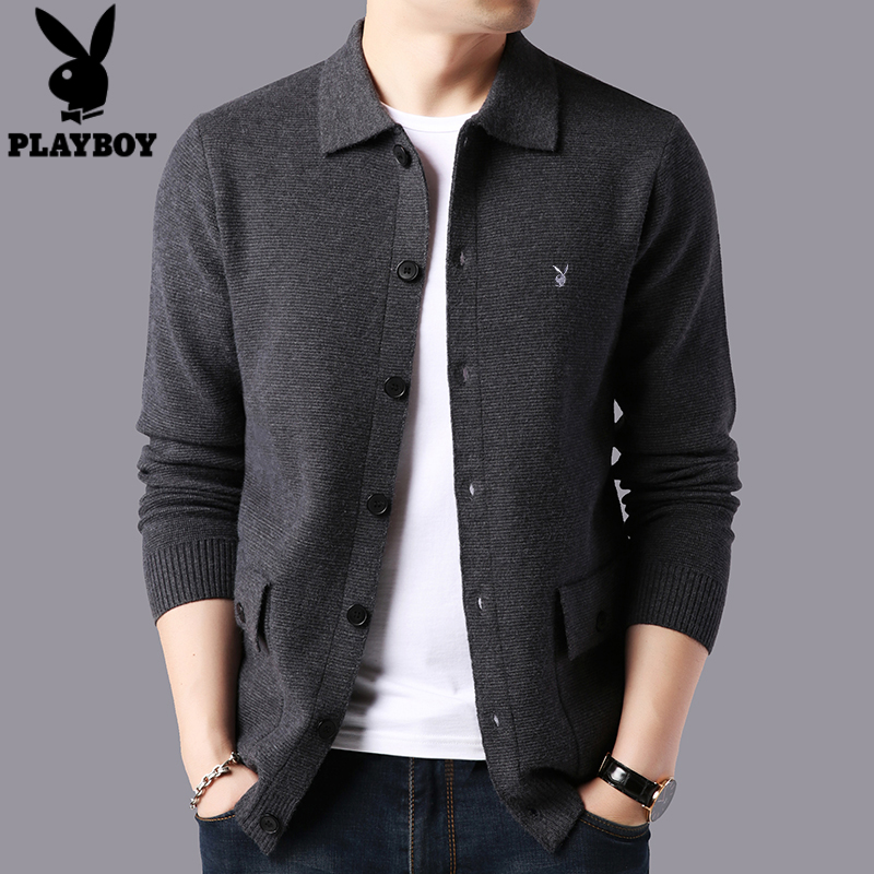 Playboy Xuân Thu mới cardigan nam thanh thiếu niên áo len áo len rắn màu áo khoác ngoài mặc knitsweater thủy triều.