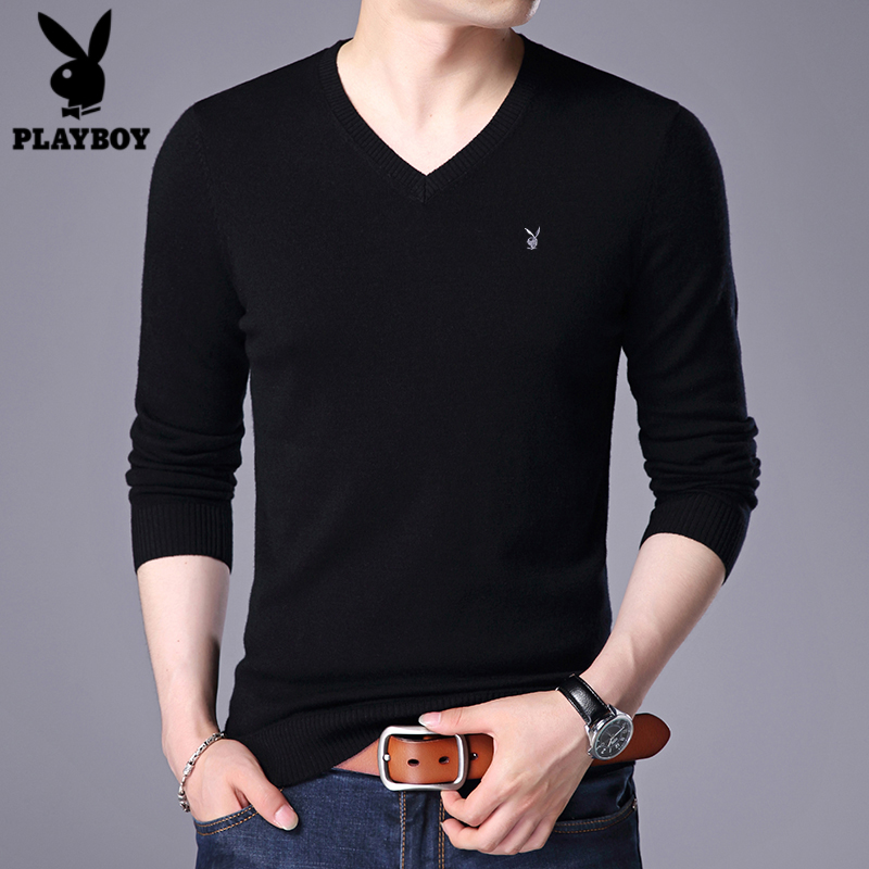mới dài tay áo thun cổ chữ V Playboy của áo len dệt kim đáy mỏng cho áo len của nam giới vào mùa xuân và mùa thu của năm 2020.