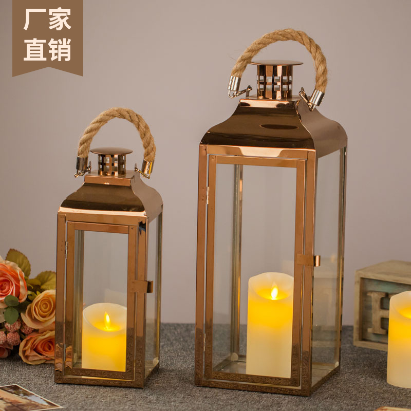 European-style simple handle hemp rope stainless steel windproof lamp garden ornaments windproof candle candle holder dining room craft lamp