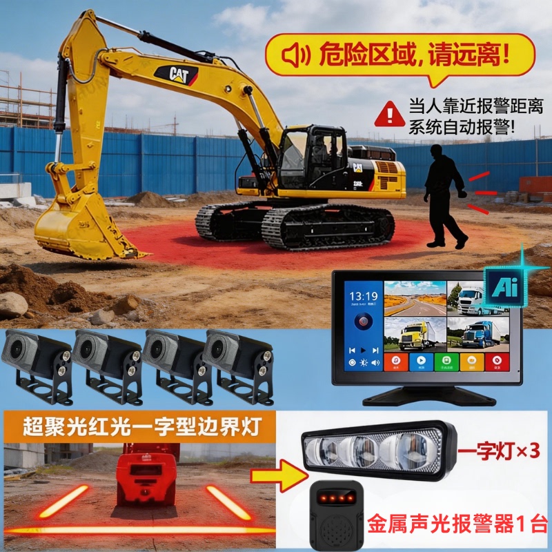 360 Four-Way Ai Human Body Recognition Anti-Collision System Blind Spot Warning Light Dashcam Alarm for Forklifts, Loaders, Excavators