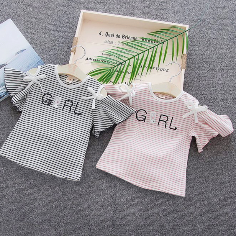 Cô gái ngắn tay T-Shirt 2018 mùa hè mới trẻ em nhỏ của bé cotton Hàn Quốc phiên bản của off-the-vai bay tay áo sọc tops