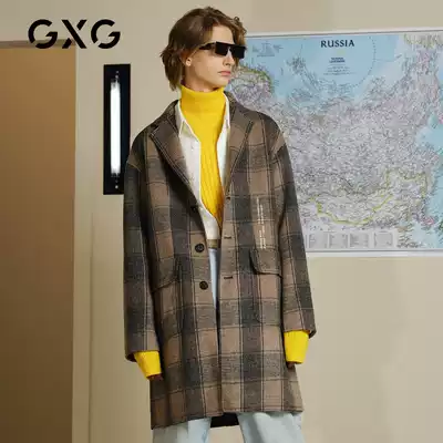 GXG men's clothing 2019 winter new shopping mall with the same khaki bottom black grid wool long version woolen coat jacket