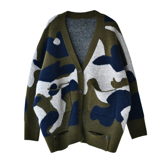 W3663C Literary loose simple personality camouflage woven loose V-neck ripped sweater cardigan women's Milan statement