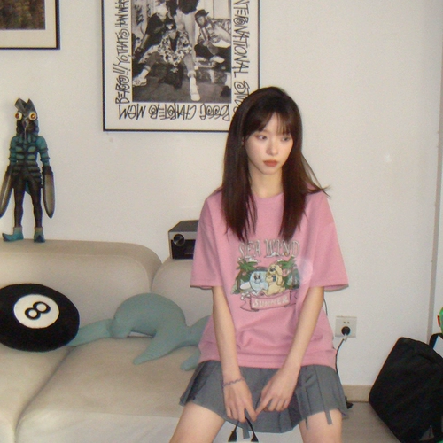 Мультяшная летняя футболка, в американском стиле, оверсайз, круглый воротник