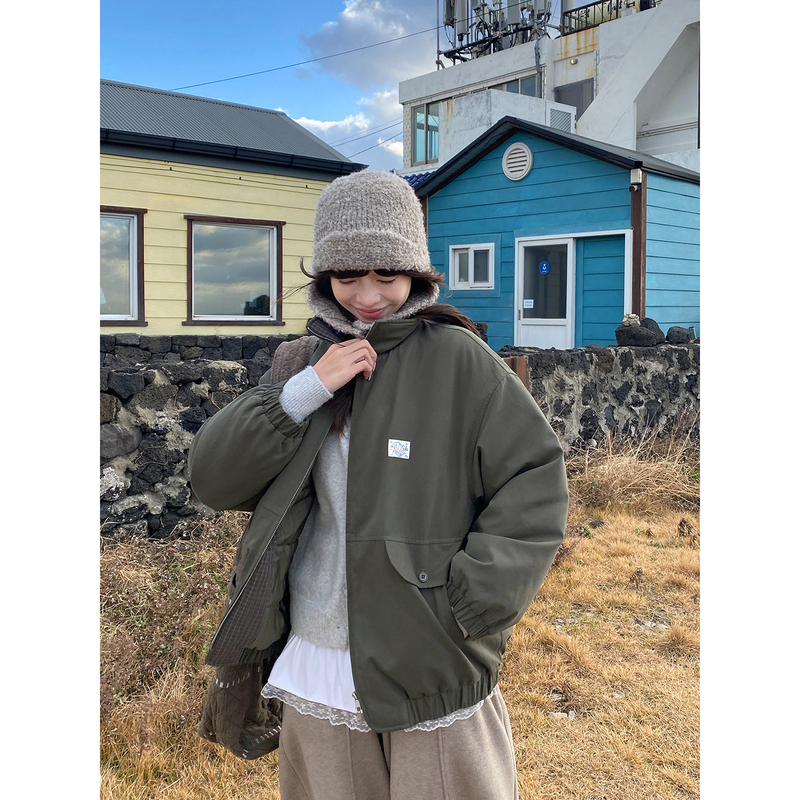 Milk Rabbit Planet - Self-Made Small Shell-Pattern Stand Collar Patchwork Plaid Double-Zipper Cotton Jacket for Women Winter Coat