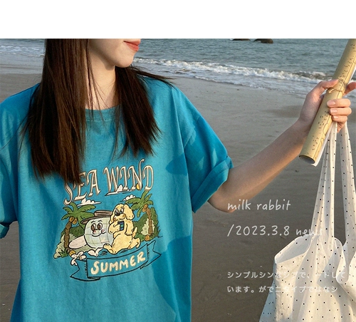 Мультяшная летняя футболка, в американском стиле, оверсайз, круглый воротник