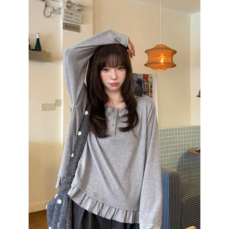 Milk Rabbit Planet - LAOSHU Cuffed Striped Patchwork Henry Collar Thick T-Shirt for Women, Autumn Ruffled Hem Long Sleeve Top