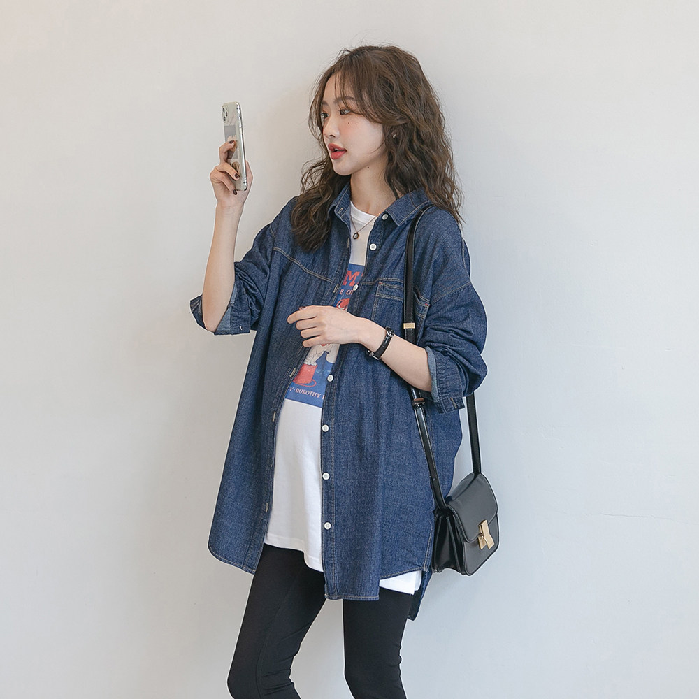 Pregnant woman Cowboy shirt long sleeve jacket 2023 Spring and autumn display slim 100 lap shirt summer fashion blouse can be worn outside-Taobao