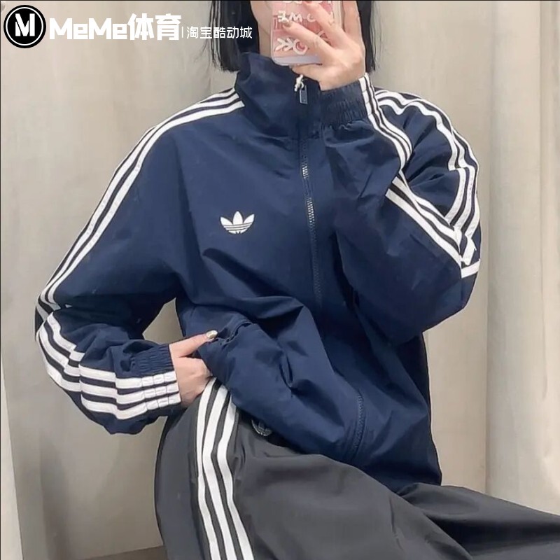 Adidas Trefoil Men's and Women's 2026 Spring Retro Navy Blue Three-Stripe Loose Jacket Ke1365